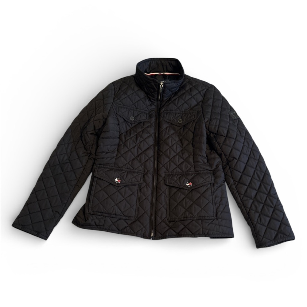 Tommy Hilfiger Black Quilted Minimalist High Collar Preppy Winter Coat Women S